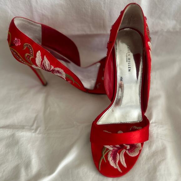Karen Millen Shoes - KAREN MILLEN Embroidered Floral Beaded Satin Strappy Sandal 4" Heels Red 37.5/7